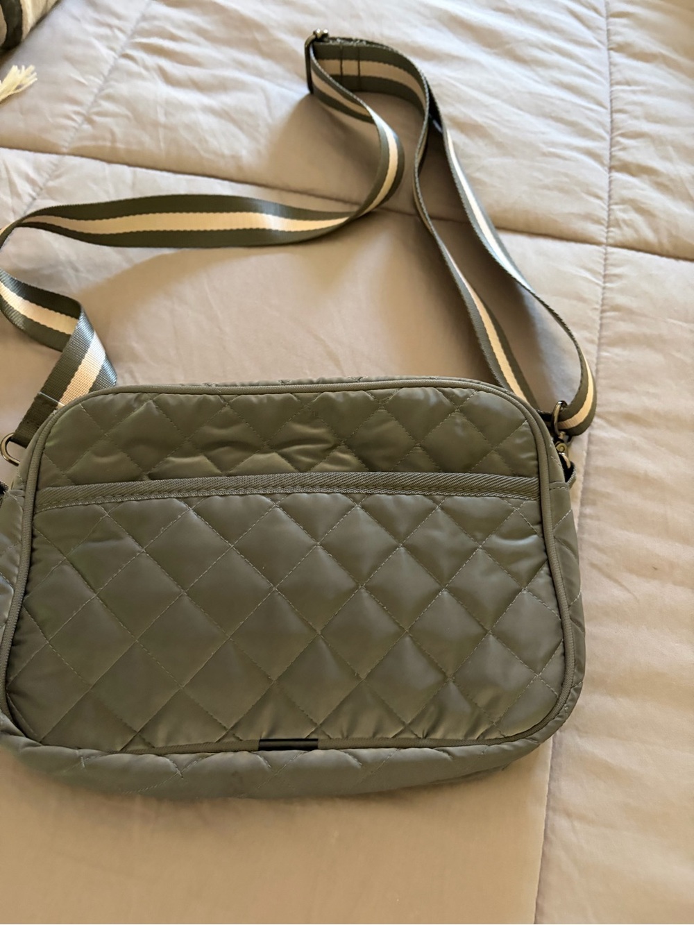 HAUTE SHORE Quilted Sage Crossbody with Striped Adjustable Strap